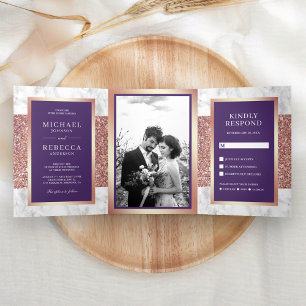Invitación Tríptica Rosa Oro Blanco Mármol Brillo Violeta Boda