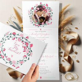 Invitación Tríptica Rosa Peonía Floral Boda Tri-Fol Sorbete de Frambue