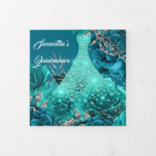 Invitación Tríptica rosa plateado verde azulado mujeres FOTO cumpleaño