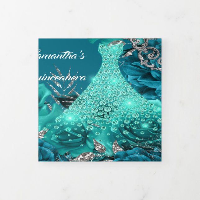 Invitación Tríptica rosa plateado verde azulado mujeres FOTO cumpleaño (Foto de portada)