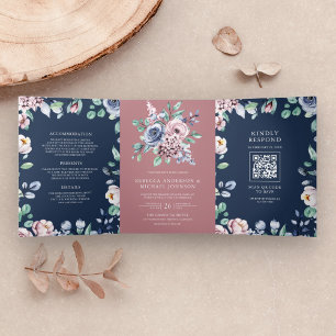 Invitación Tríptica Rosa Polvoriento Floral Azul Marino Código QR Boda