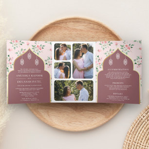 Invitación Tríptica Rosa Polvoriento Floral Enterizo para Boda India