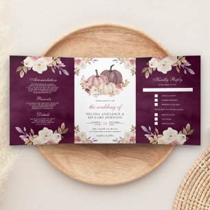 Invitación Tríptica Rosa Polvoriento Floral Marfil Calabaza Ciruela Ro
