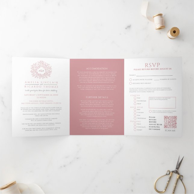 Invitación Tríptica Rosa polvoriento monograma hojas boda todo en uno (Interior)