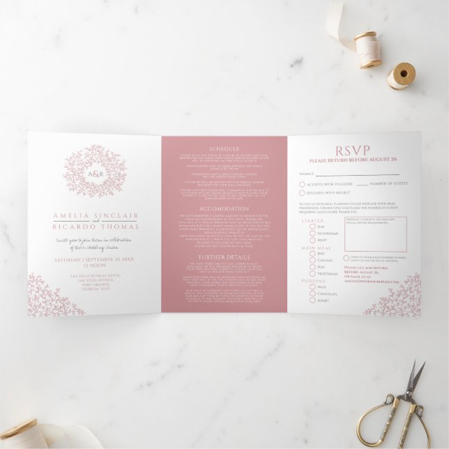 Invitación Tríptica Rosa polvoriento monograma hojas boda todo en uno (Interior)