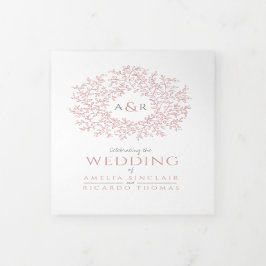 Invitación Tríptica Rosa polvoriento monograma hojas boda todo en uno