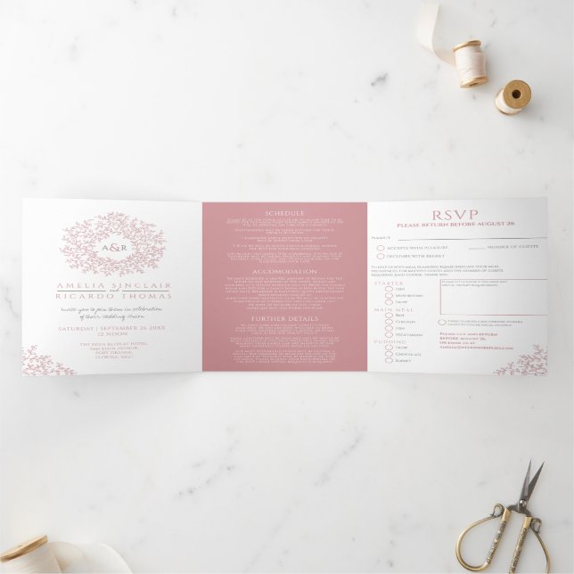 Invitación Tríptica Rosa polvoriento monograma hojas boda todo en uno (Interior)