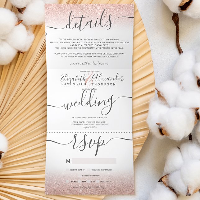 Invitación Tríptica Rosa purpurina de oro blanco oscuro boda de moda (Subido por el creador)