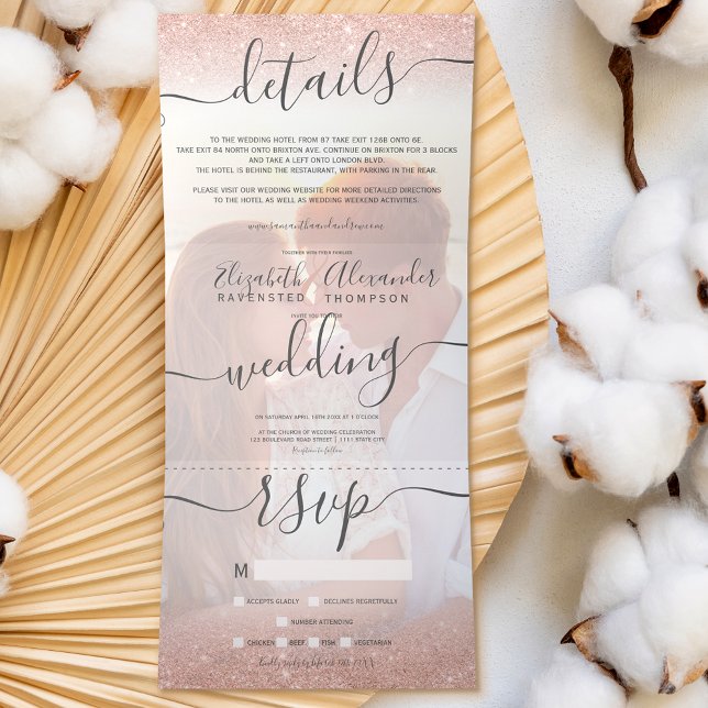 Invitación Tríptica Rosa purpurina de oro blanco oscuro boda fotográfi (Subido por el creador)