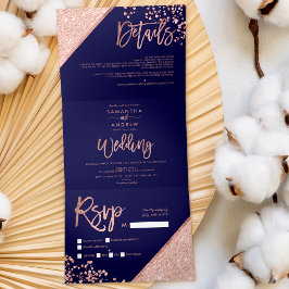 Invitación Tríptica Rosa purpurina de oro confetti boda azul marino