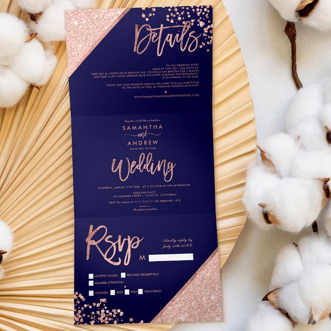Invitación Tríptica Rosa purpurina de oro confetti boda azul marino (Subido por el creador)