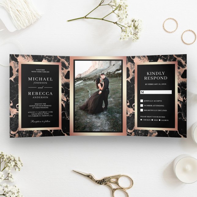 Invitación Tríptica Rosa Relieve metalizado dorado Carbón Boda de foto (Subido por el creador)