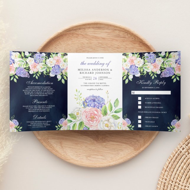 Invitación Tríptica Rosa Rubor Rosa Hortensia Azul Marino Boda (Subido por el creador)