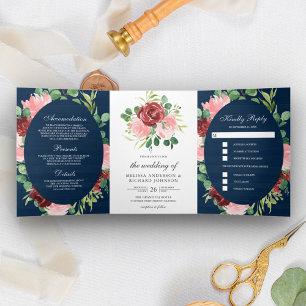 Invitación Tríptica Rosa rubor y floral burgundy de madera boda naval
