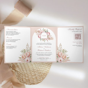 Invitación Tríptica Rosa suave con polvo rosa Pampas floral rosa Boda 