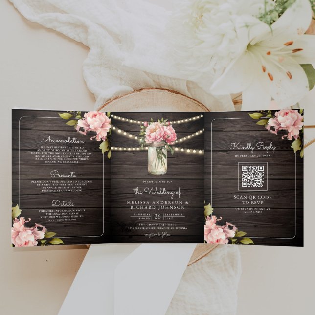 Invitación Tríptica Rosa Suave Peonía Tarro de Mason Código QR Boda de (Subido por el creador)
