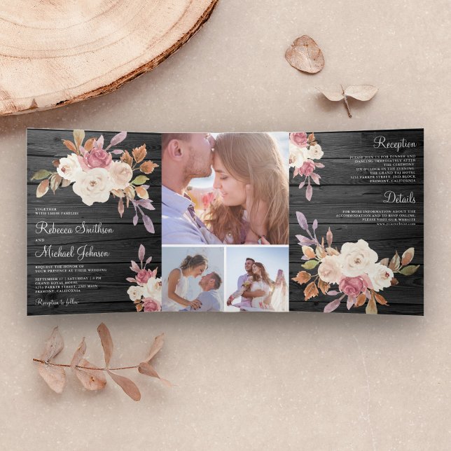 Invitación Tríptica Rosa turbio Boda de madera de pino rosa y marfil (Subido por el creador)