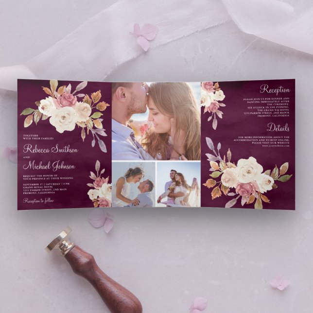 Invitación Tríptica Rosa turbio marfil rosa ciruela floral Boda púrpur (Subido por el creador)