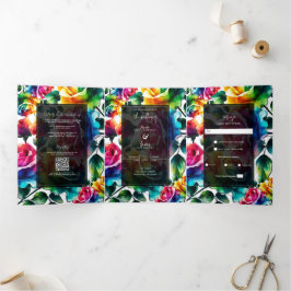 Invitación Tríptica Rosas Arcoíris Negras y Blancas Bodas Florales Vib