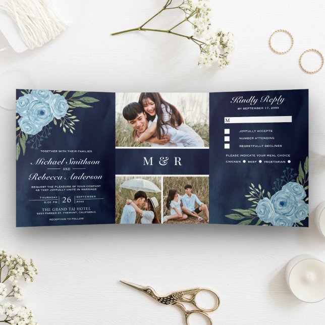 Invitación Tríptica Rosas azul turbio Collage de fotos Boda azul de la (Subido por el creador)