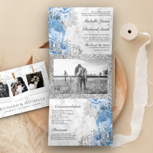 Invitación Tríptica Rosas Azules Polvorientas Foto Floral Mármol Blanc