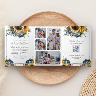Invitación Tríptica Rosas Azules Polvorientas Girasoles Código QR Foto