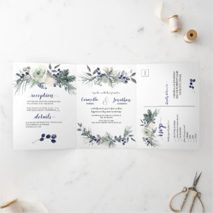 Invitación Tríptica Rosas blancas, bayas azules, Boda de agujas de pin