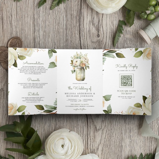 Invitación Tríptica Rosas Blancas Hojas de Salvia Tarro de Mason Códig (Subido por el creador)
