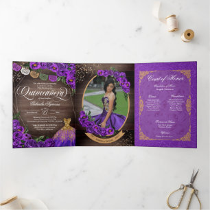 Invitación Tríptica Rosas Charro Purple añada foto Quinceañera