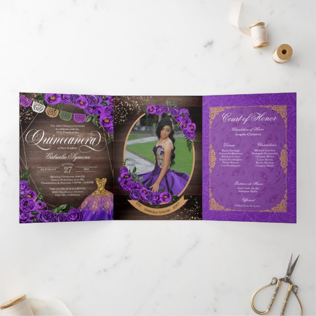 Invitación Tríptica Rosas Charro Purple añada foto Quinceañera (Interior)