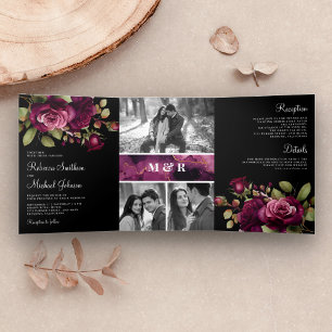 Invitación Tríptica Rosas Ciruela Oscuras y Malhumoradas Fotocolage Bo