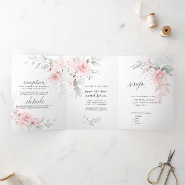 Invitación Tríptica Rosas de acuarela rosa de Rubor saltan hojas verde (Interior)