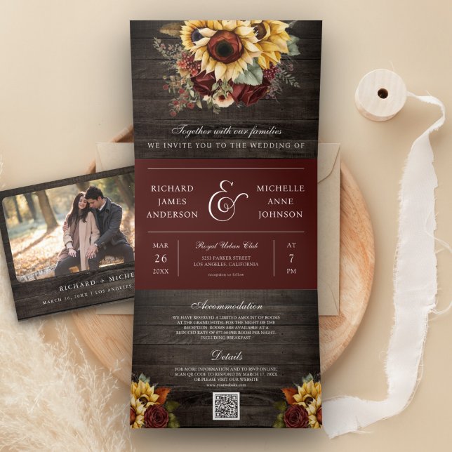 Invitación Tríptica Rosas de Borgoña Girasoles Código QR Boda (Subido por el creador)