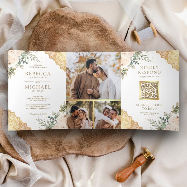 Invitación Tríptica Rosas de crema suave encaje dorado código QR boda (Subido por el creador)