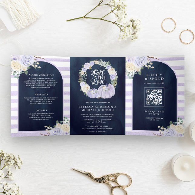 Invitación Tríptica Rosas de Lavanda Calabaza Código QR Boda azul de l (Subido por el creador)