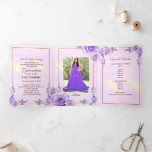 Invitación Tríptica Rosas de Lavanda Rosada Quinceanera