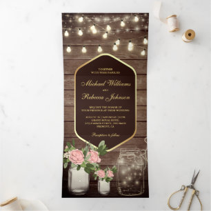 Invitación Tríptica Rosas de madera polvorienta Mason Jar String Light