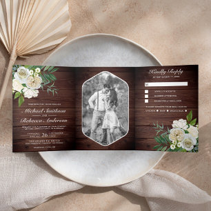 Invitación Tríptica Rosas de Marfil Botánica Foto Boda Rústica de Made