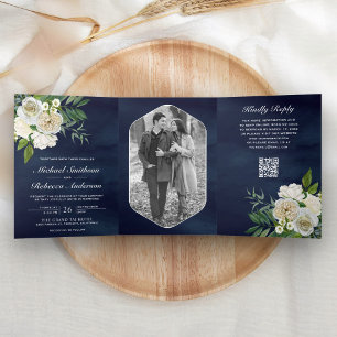 Invitación Tríptica Rosas de Marfil Código QR de Foto Botánica Boda Az