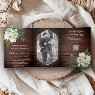 Invitación Tríptica Rosas de Marfil Código QR de Foto Botánica Boda de