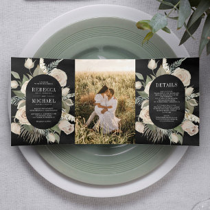 Invitación Tríptica Rosas de marfil de Boho ruso masacran a Boda negro