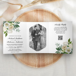 Invitación Tríptica Rosas de Marfil Floral Código QR de Foto Botánica