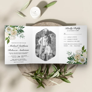Invitación Tríptica Rosas de marfil Foto Botánica Boda Floral Blanca
