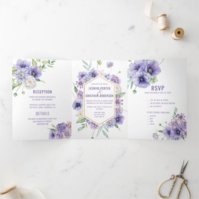 Invitación Tríptica Rosas de morado anemones Daisies Hydrangeas Boda (Interior)