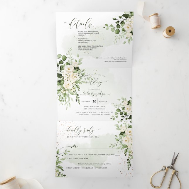 Invitación Tríptica Rosas de PixDezines Rustic Eucalyptus Alabaster Tr (Interior)