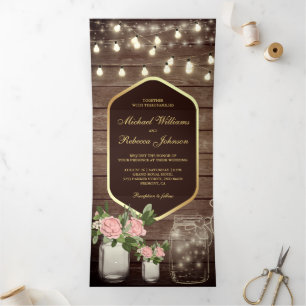 Invitación Tríptica Rosas de Wood Dusty Mason Jar String Lights Boda