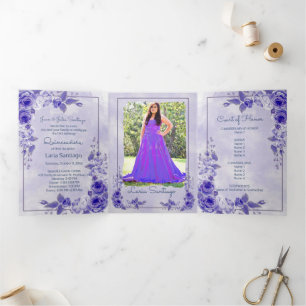 Invitación Tríptica Rosas españoles de Lavanda púrpura Quinceanera