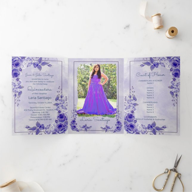 Invitación Tríptica Rosas españoles de Lavanda púrpura Quinceanera (Interior)