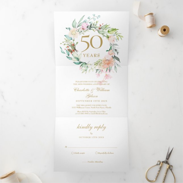 Invitación Tríptica Rosas Floral 50 Aniversario de Bodas de Oro Foto (Interior)