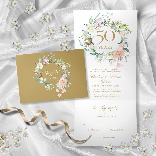 Invitación Tríptica Rosas florales de aniversario de bodas de oro 50º (50th Golden Anniversary Wedding Roses Floral Tri-Fold Invitation)